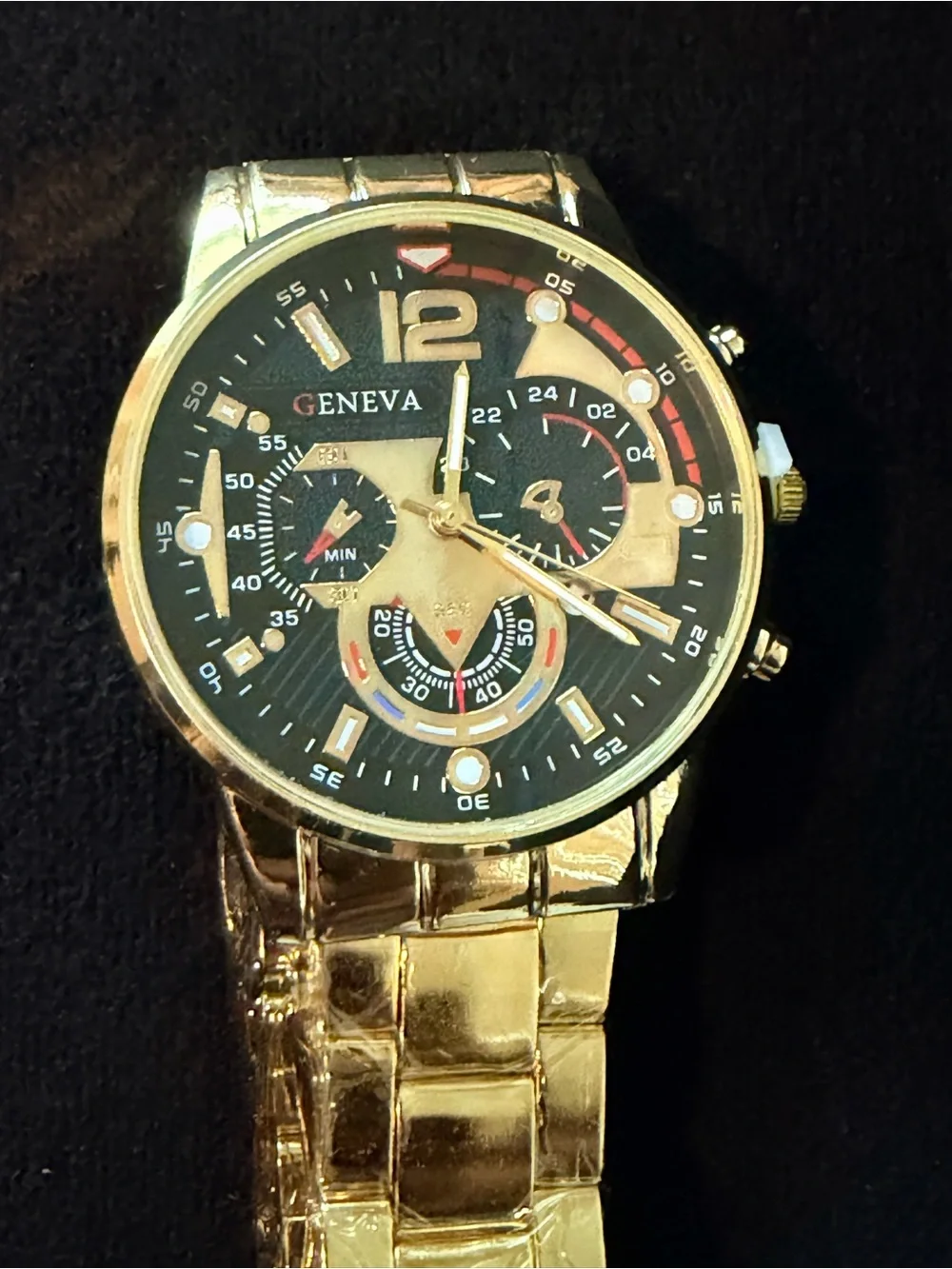 Geneva | Men's Gold Watch |Textured Black Dial | Chrono Style | NIB Brand New